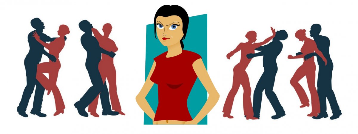 Four pairs of abstractly rendered men and women are lined up across the image, with a graphic of a young woman in the middle. The women are fighting back against assault in a variety of ways. The young woman in the middle is showing defiance in her gaze and stance (arms on hips, stern face).